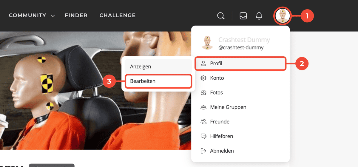 Menü unter dem Profilbild oben rechts: Profil und Bearbeiten sind markiert