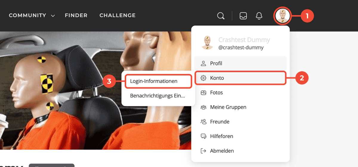 Menü unter dem Profilbild oben rechts: Konto und Login-Informationen sind markiert