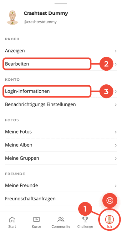 Menü „Ich“ am Handy: Bearbeiten und Login-Informationen sind markiert